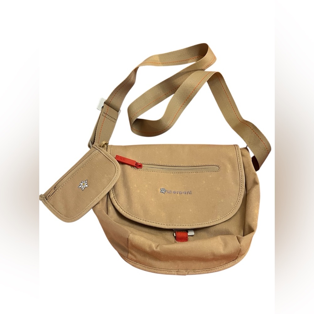 Sherpani Tan Messenger Bag with Red Accents